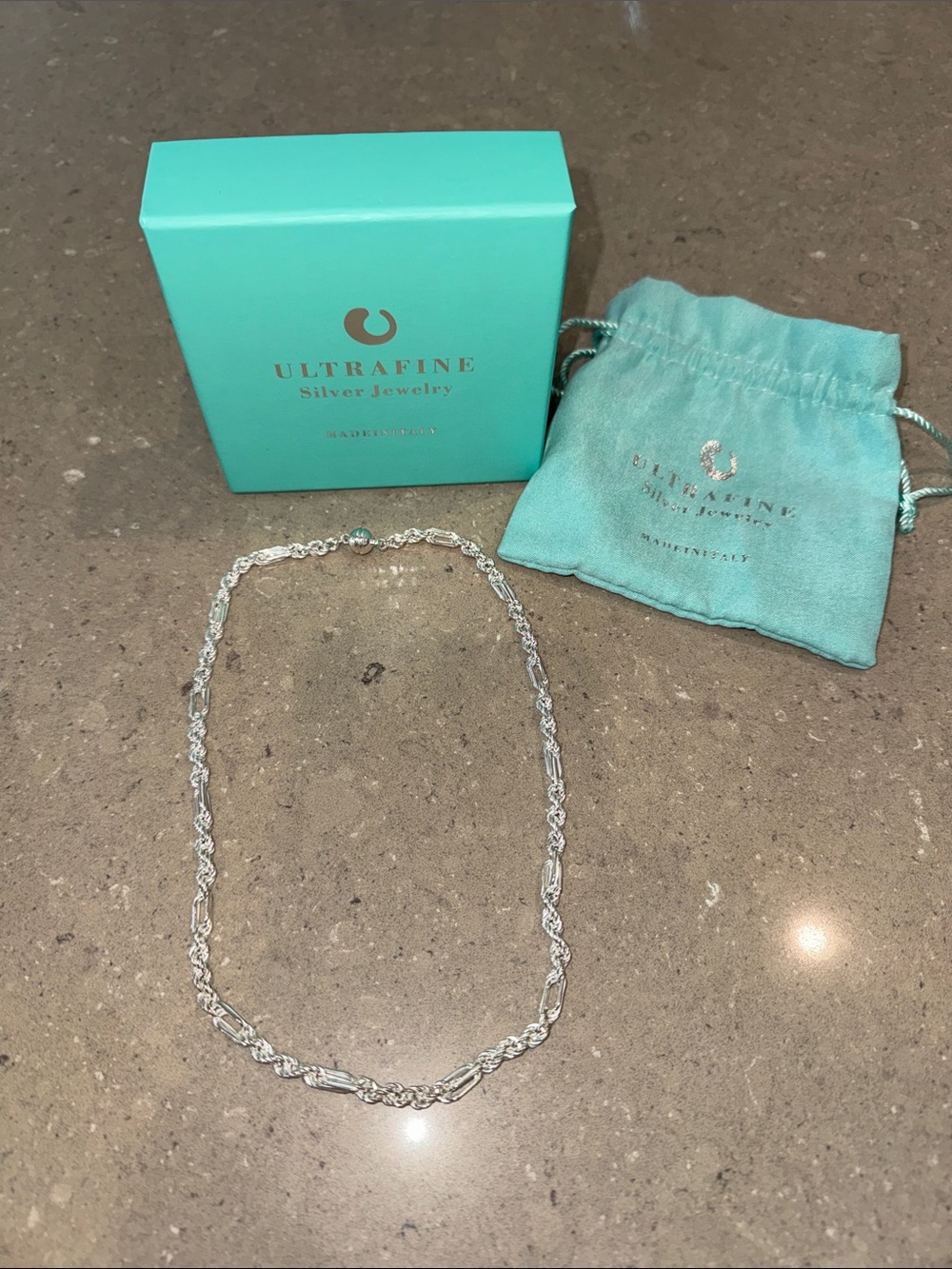 Ultrafine Silver Twisted Rope Necklace in Aqua Gift Box